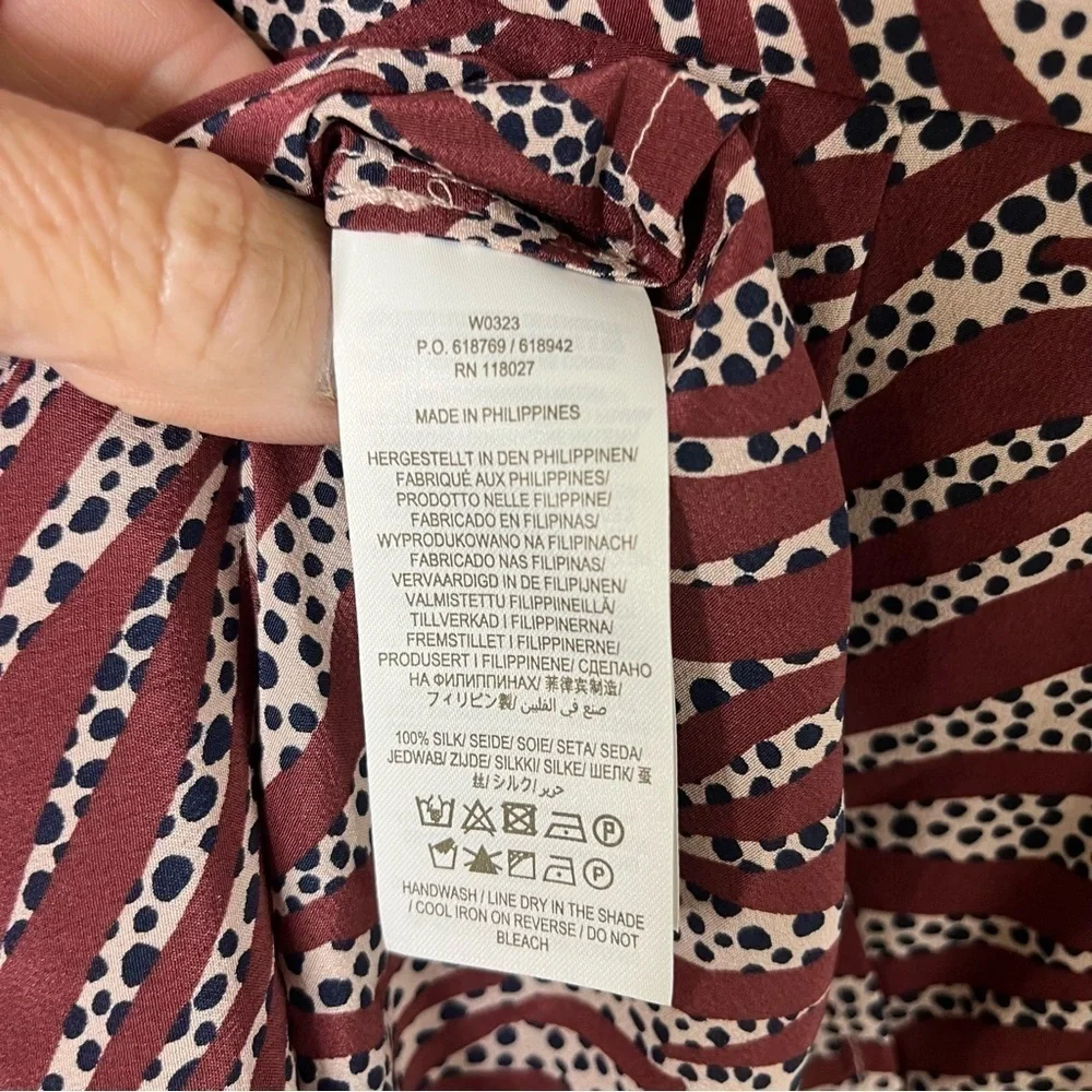 Boden Silk Zebra Stripe Blouse Burgundy Size 6 Button Front Relaxed Fit W0323